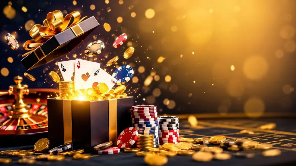 Bonos de Bienvenida en casinos online con regalo, fichas y monedas de casino sobre una mesa de juego