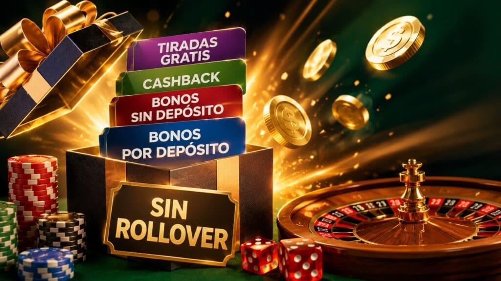 Bonos sin rollover en casinos online con diferentes tipos de promociones como tiradas gratis, cashback y bonos por depósito