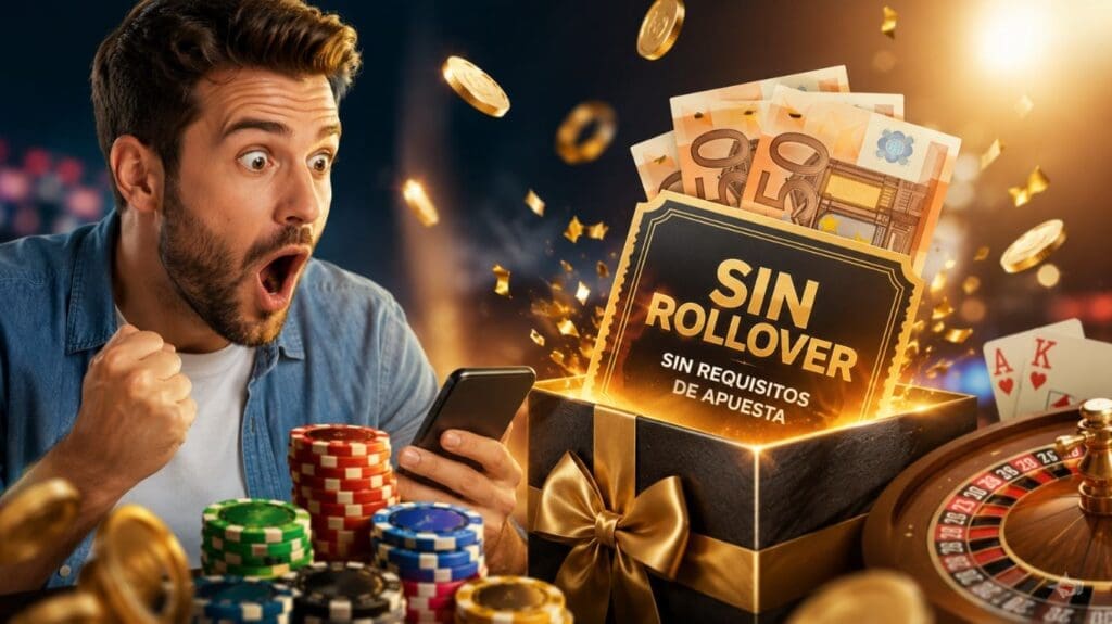 Bonos sin rollover en casinos online con jugador sorprendido descubriendo un bono sin requisitos de apuesta en España