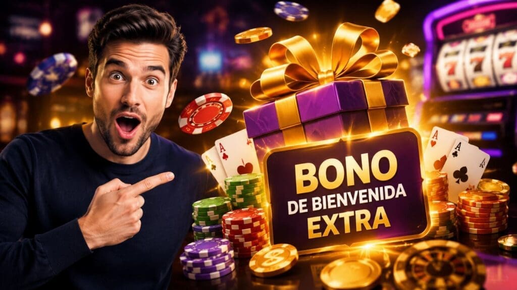 Casinos nuevos con bono en España jugador sorprendido junto a un bono de bienvenida, fichas de casino, cartas y tragaperras representando los mejores casinos online nuevos de 2026.