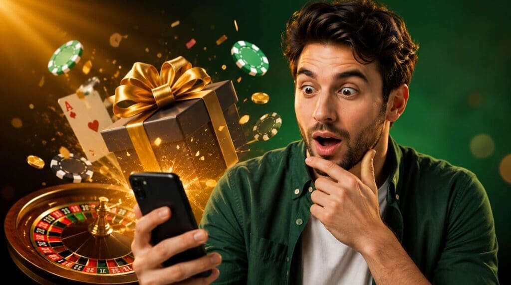 Casinos nuevos con bono en España jugador sorprendido revisando una oferta de bienvenida desde su móvil con fichas, ruleta y regalo promocional de un casino online nuevo.