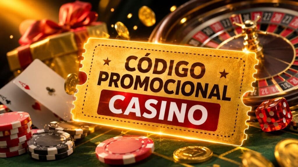 Código promocional casino con bono de bienvenida, fichas, ruleta y monedas doradas en un casino online de España (2026)