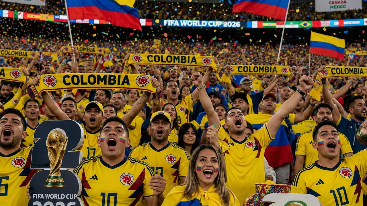 Hinchas de la selección Colombia bailando en el estadio o la calle en la previa de la Copa Mundial 2026.