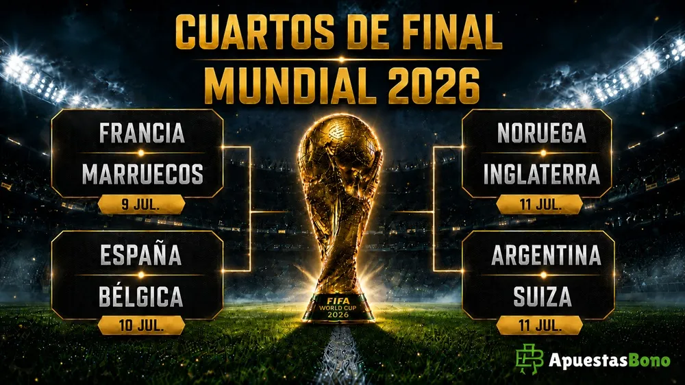 Cuadro de los cruces de Cuartos de Final del Mundial 2026 con las llaves Francia vs Marruecos, España vs Bélgica, Noruega vs Inglaterra y Argentina vs Suiza.